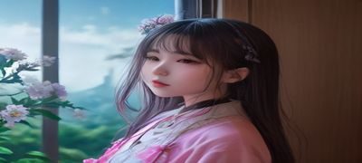 缘之空女主角天女宫和花，活泼少女在神社境内奔跑，红色袴裙在风中飘扬，背景是郁郁葱葱的山林
